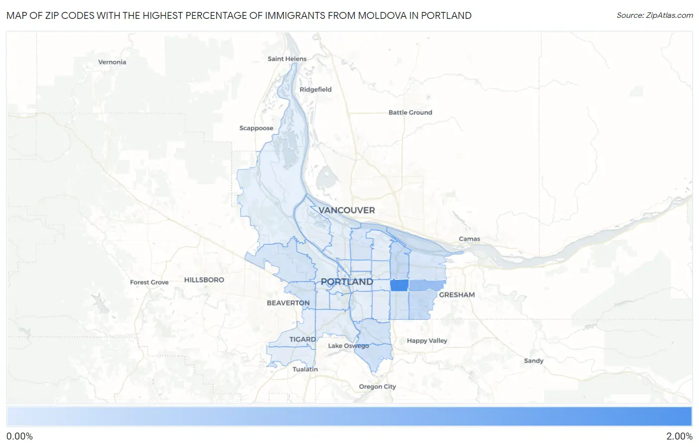Zip Codes with the Highest Percentage of Immigrants from Moldova in Portland Map