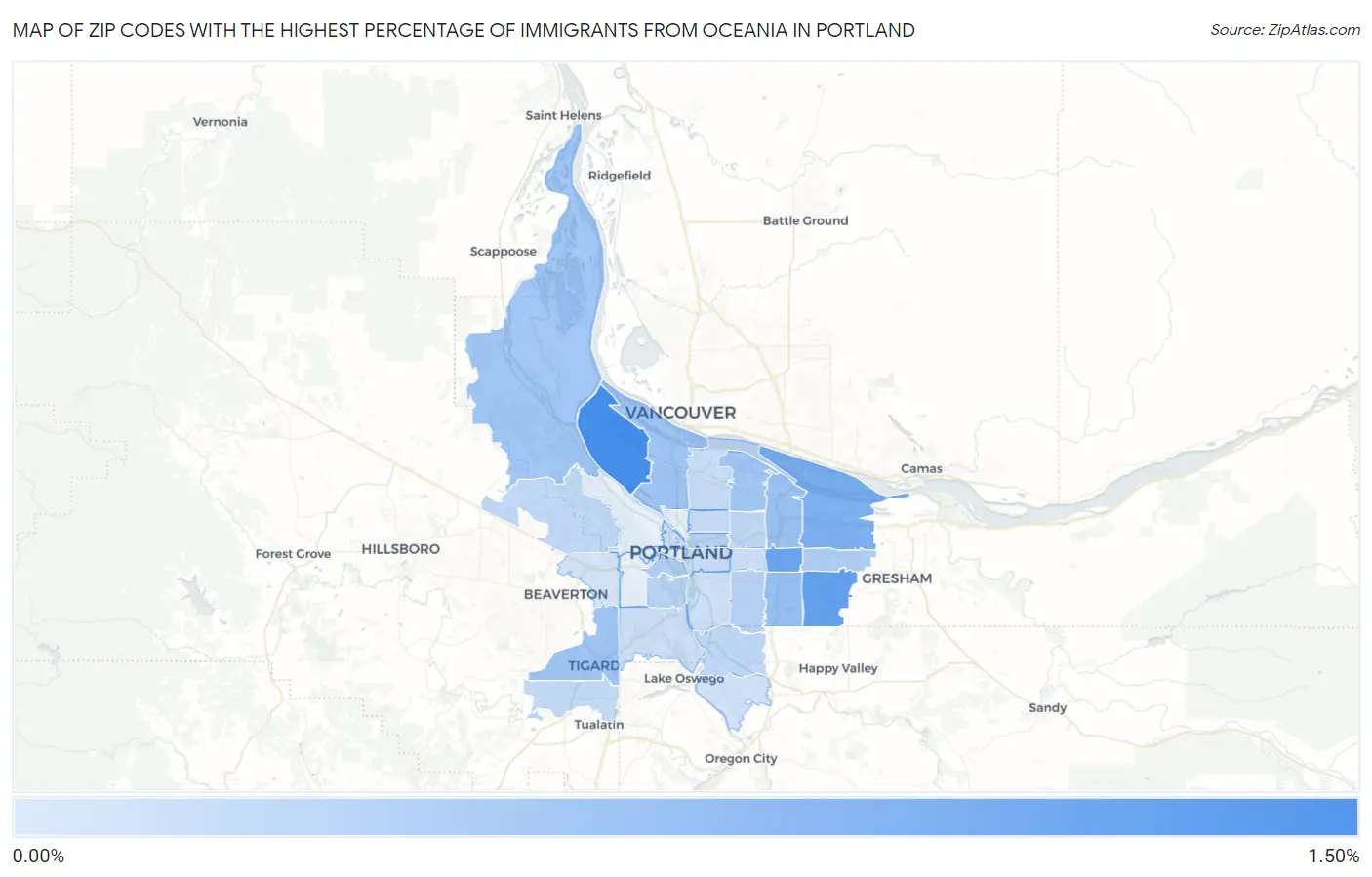 Zip Codes with the Highest Percentage of Immigrants from Oceania in Portland Map