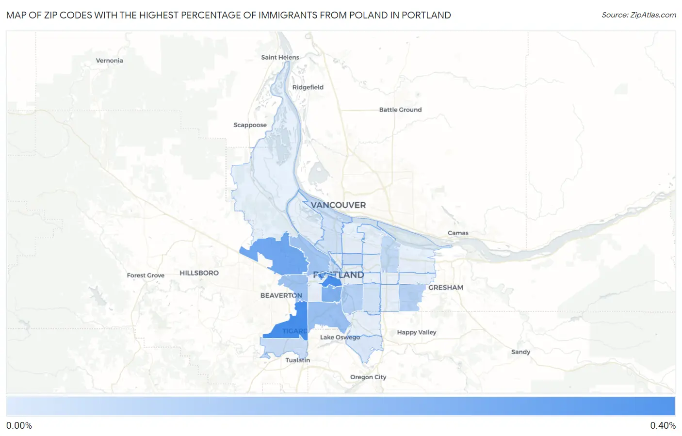 Zip Codes with the Highest Percentage of Immigrants from Poland in Portland Map