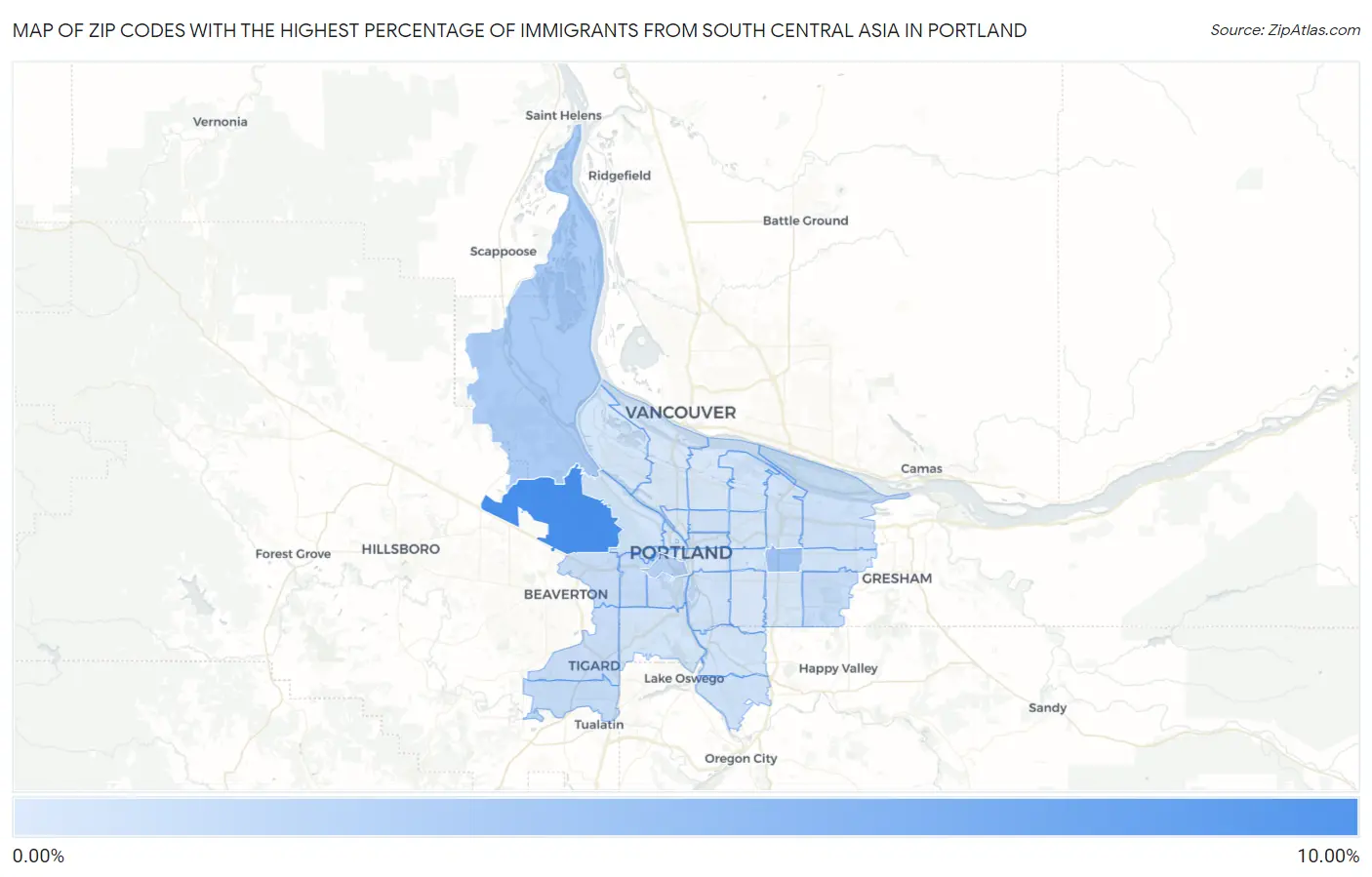 Zip Codes with the Highest Percentage of Immigrants from South Central Asia in Portland Map