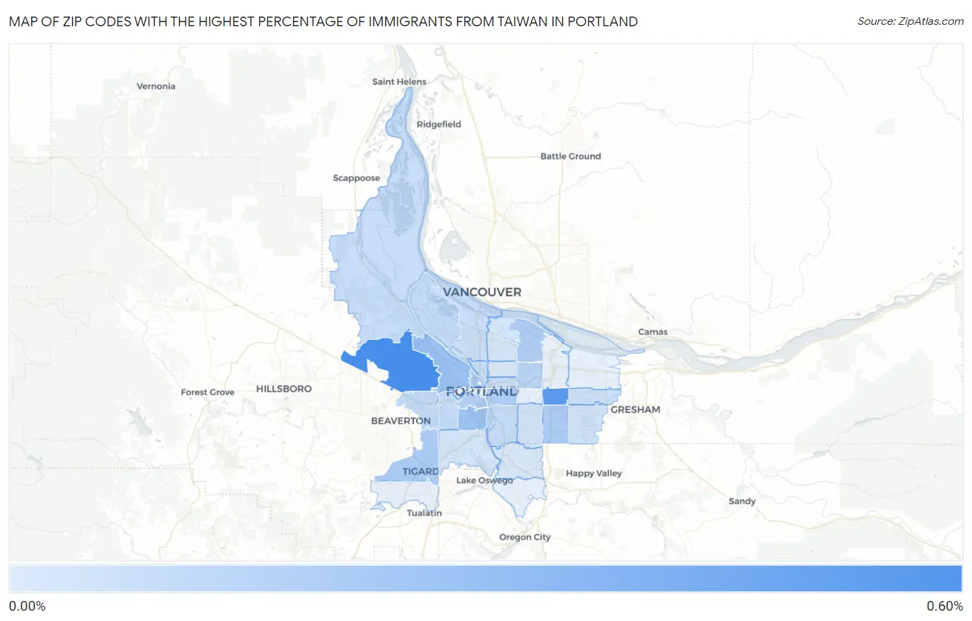 Zip Codes with the Highest Percentage of Immigrants from Taiwan in Portland Map