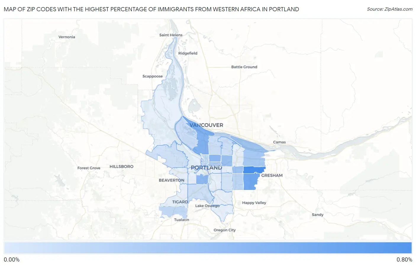 Zip Codes with the Highest Percentage of Immigrants from Western Africa in Portland Map