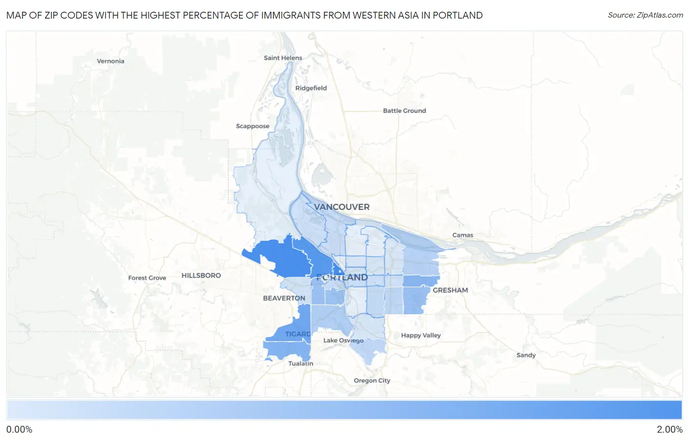 Zip Codes with the Highest Percentage of Immigrants from Western Asia in Portland Map