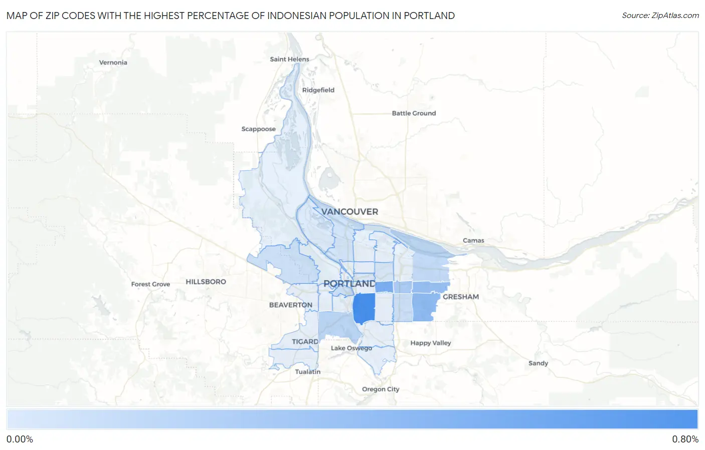 Zip Codes with the Highest Percentage of Indonesian Population in Portland Map