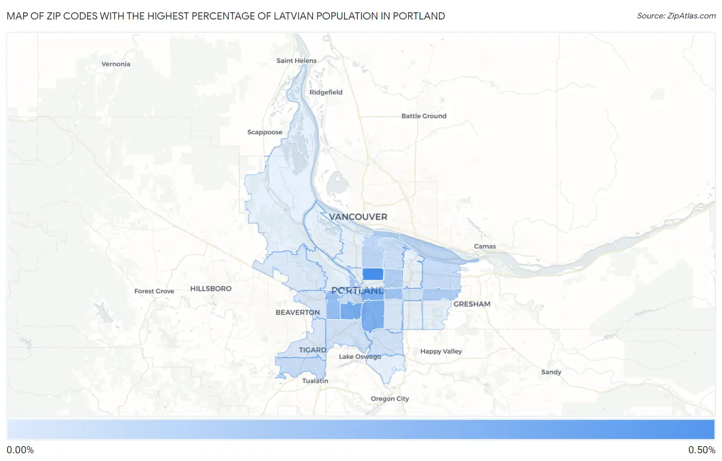 Zip Codes with the Highest Percentage of Latvian Population in Portland Map