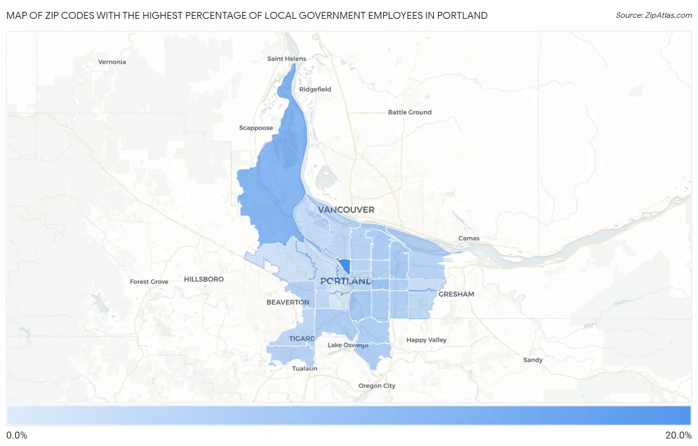 Zip Codes with the Highest Percentage of Local Government Employees in Portland Map