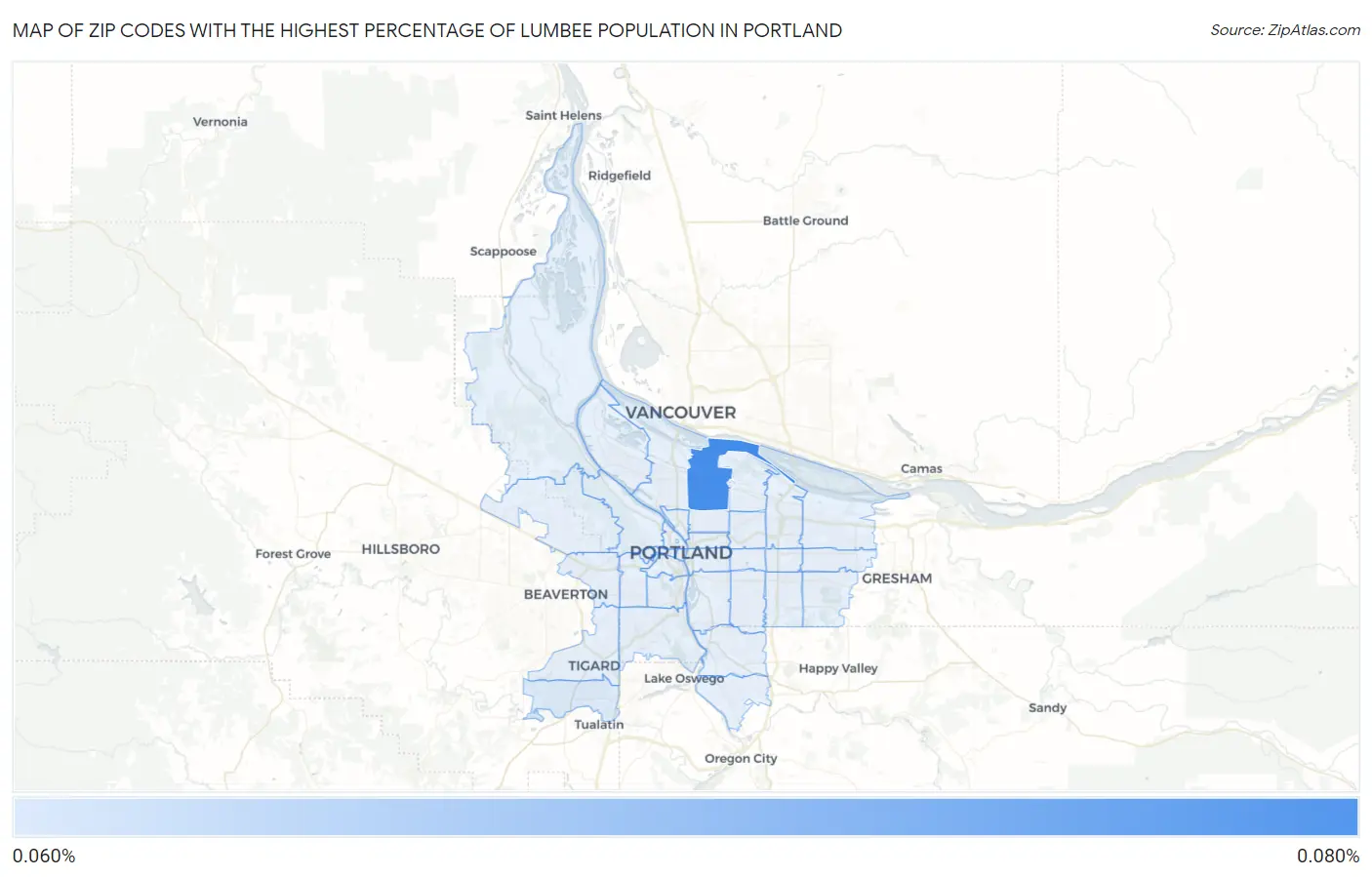 Zip Codes with the Highest Percentage of Lumbee Population in Portland Map