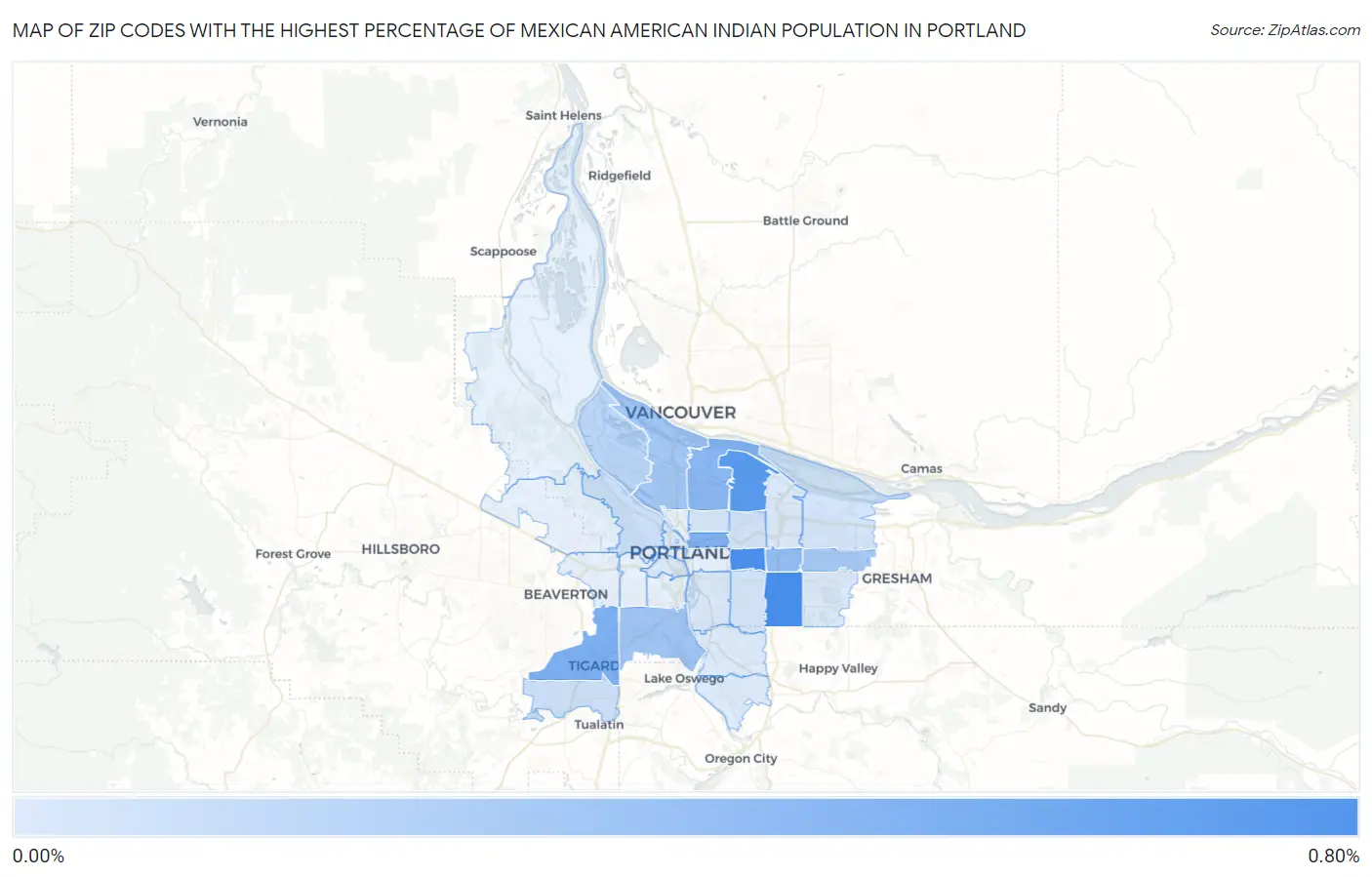 Zip Codes with the Highest Percentage of Mexican American Indian Population in Portland Map