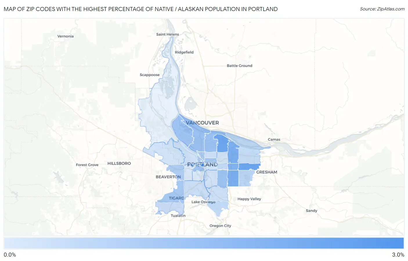 Zip Codes with the Highest Percentage of Native / Alaskan Population in Portland Map