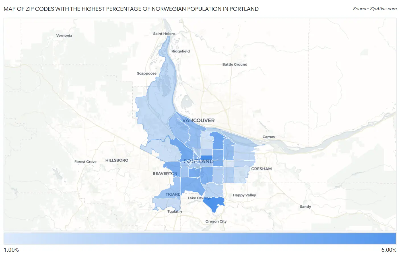 Zip Codes with the Highest Percentage of Norwegian Population in Portland Map