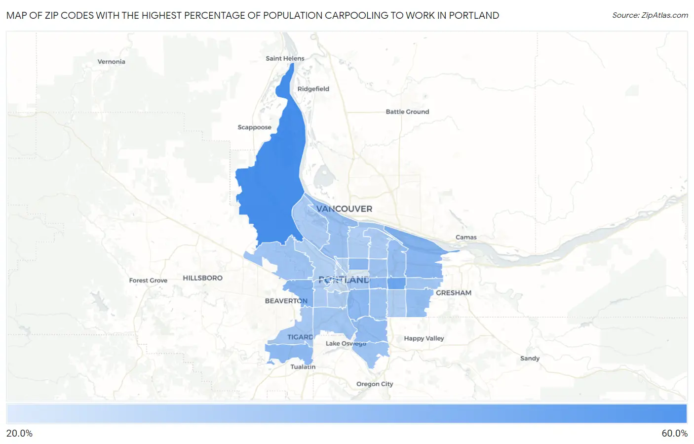 Zip Codes with the Highest Percentage of Population Carpooling to Work in Portland Map