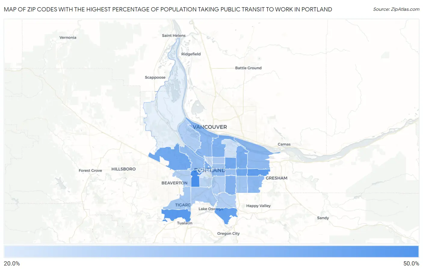 Zip Codes with the Highest Percentage of Population Taking Public Transit to Work in Portland Map