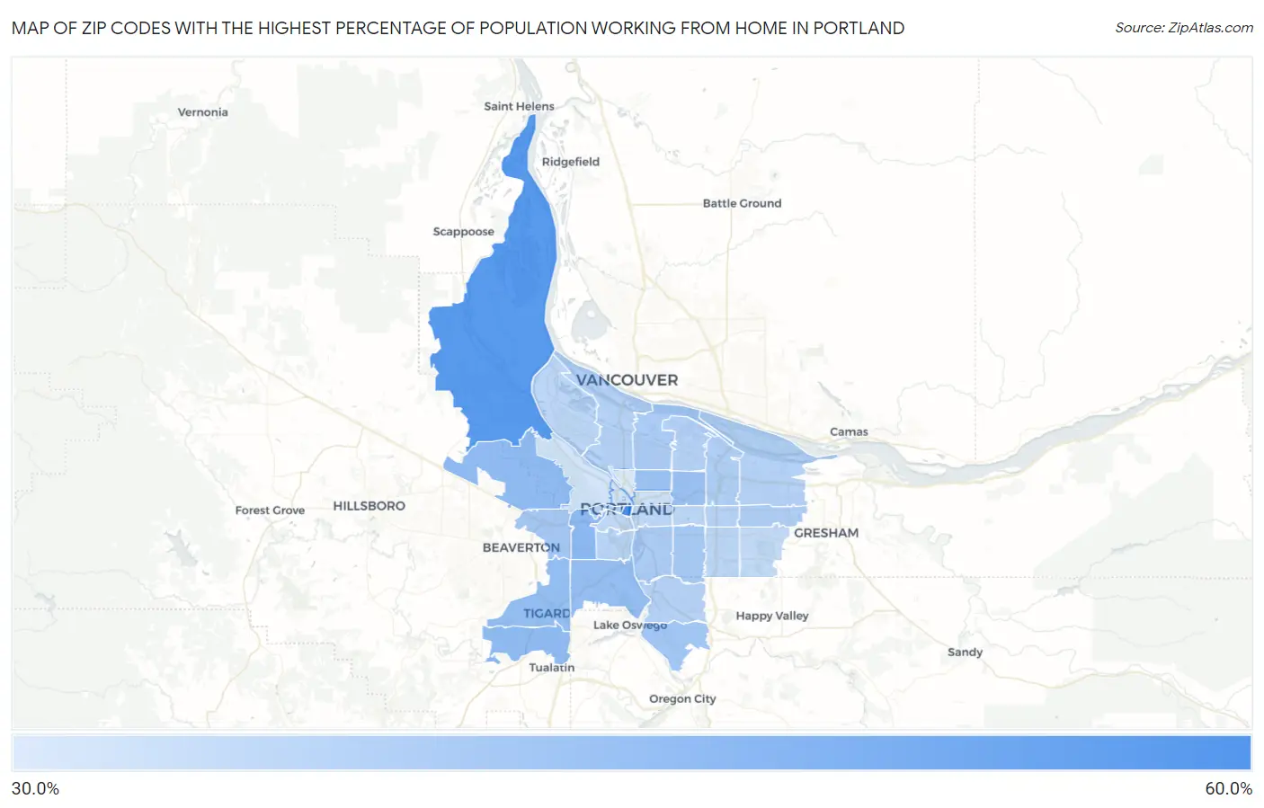 Zip Codes with the Highest Percentage of Population Working from Home in Portland Map