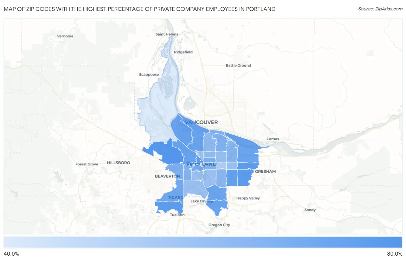 Zip Codes with the Highest Percentage of Private Company Employees in Portland Map