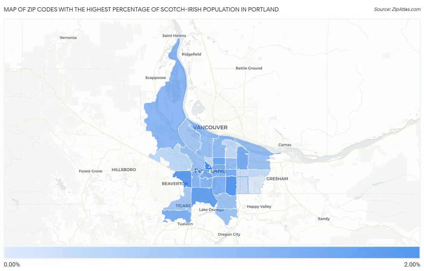 Zip Codes with the Highest Percentage of Scotch-Irish Population in Portland Map