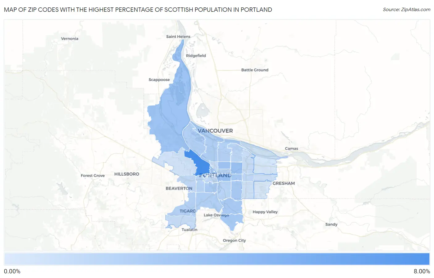 Zip Codes with the Highest Percentage of Scottish Population in Portland Map