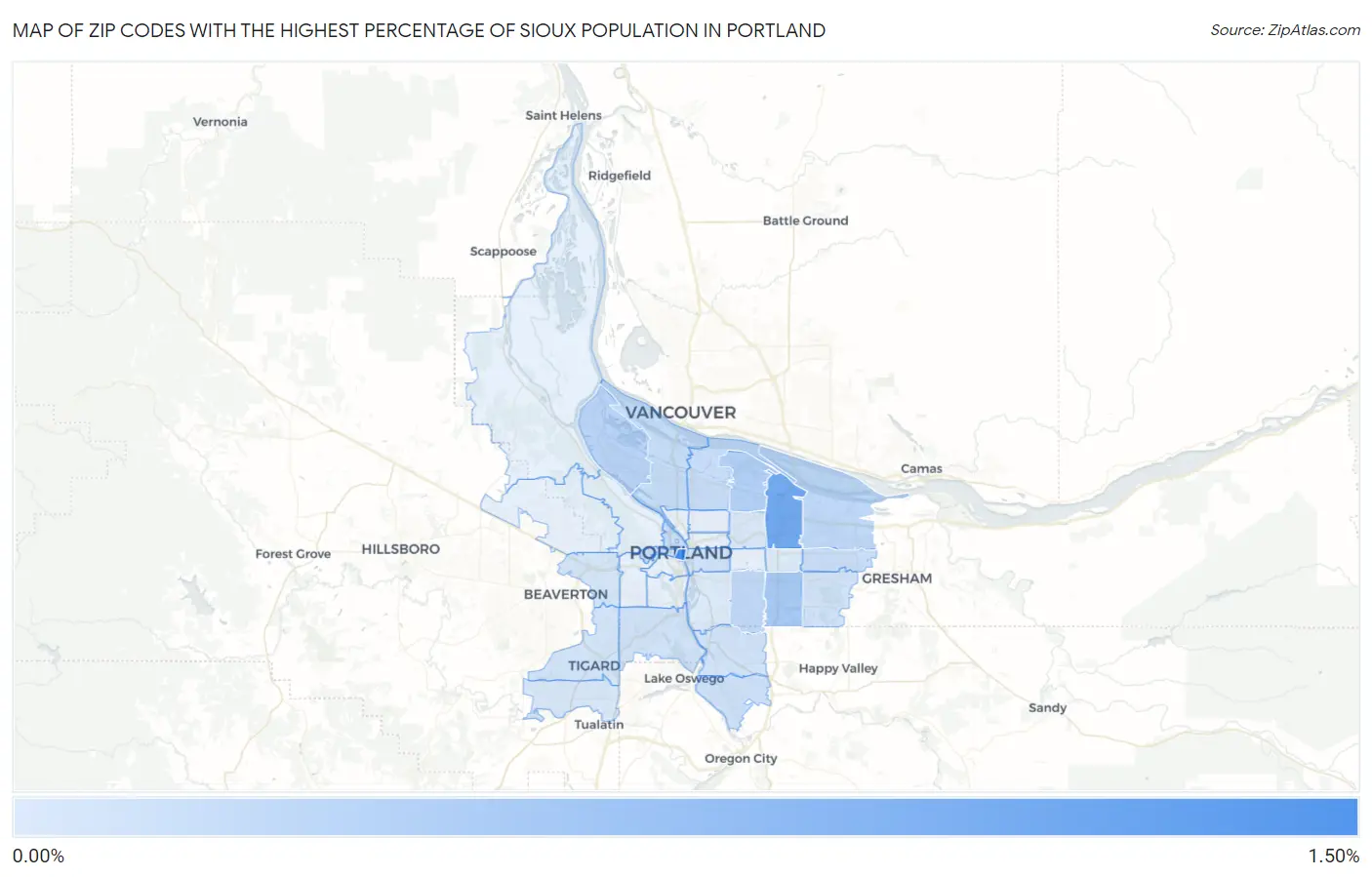 Zip Codes with the Highest Percentage of Sioux Population in Portland Map