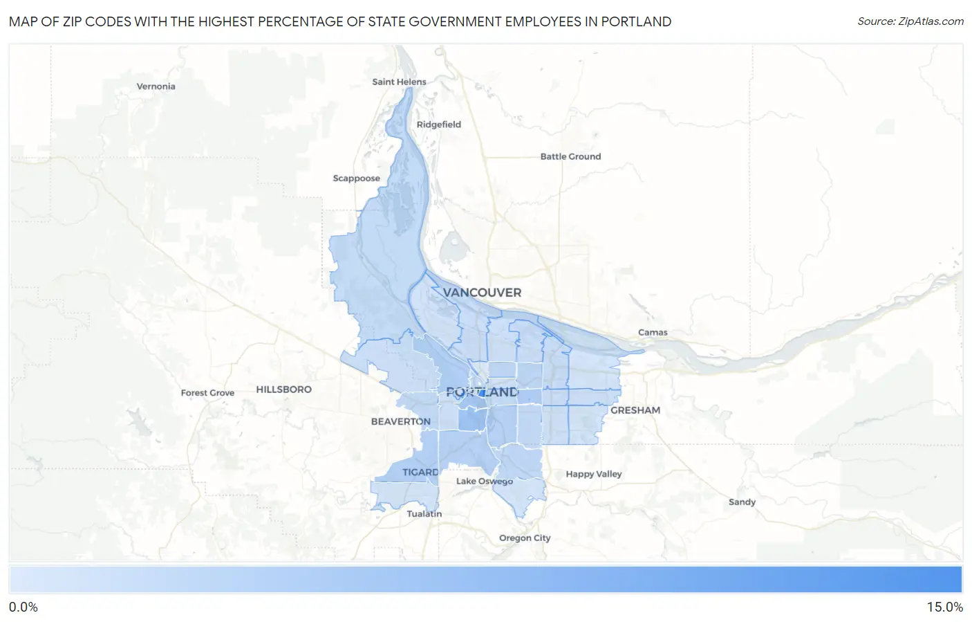Zip Codes with the Highest Percentage of State Government Employees in Portland Map