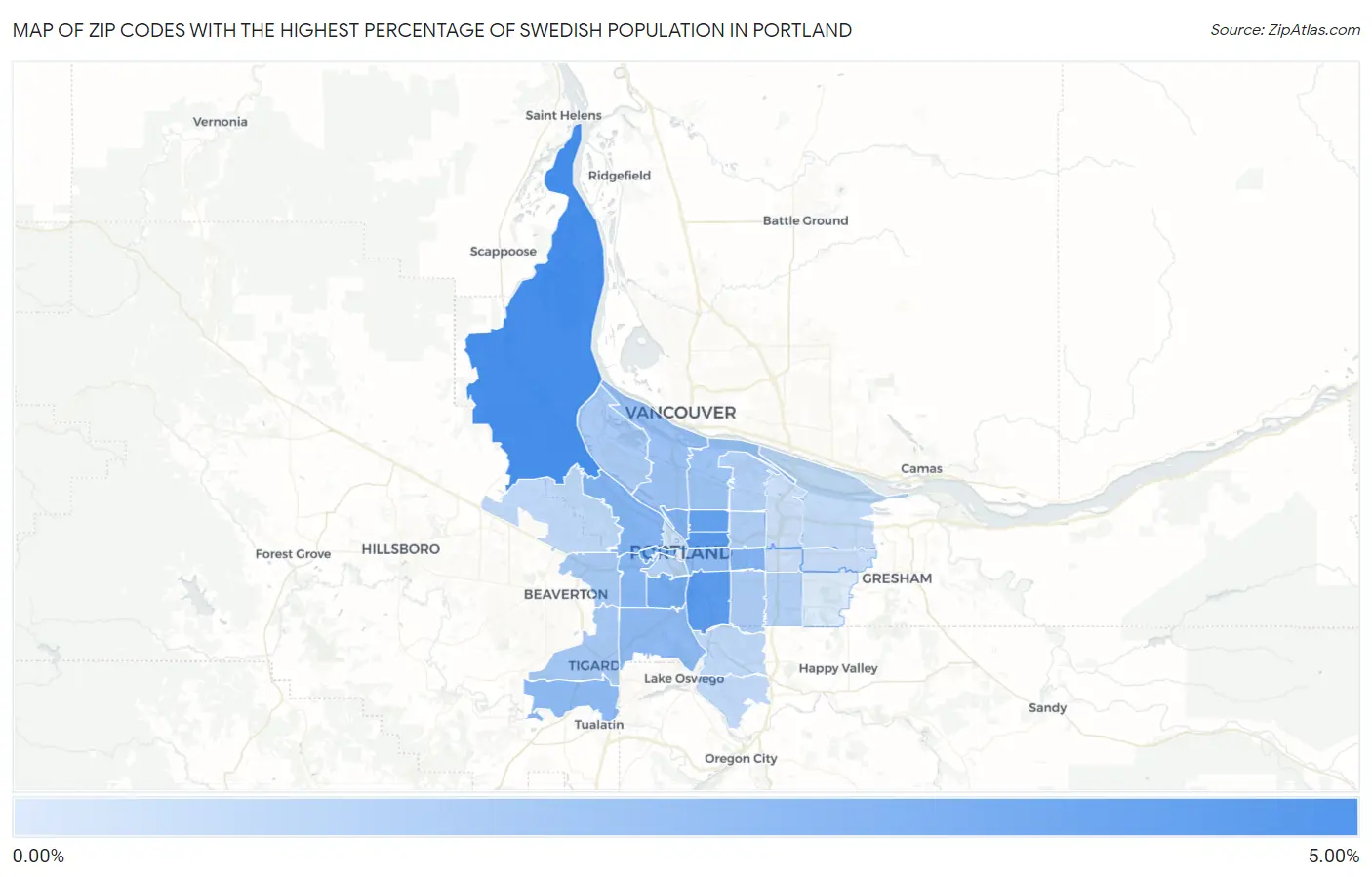 Zip Codes with the Highest Percentage of Swedish Population in Portland Map