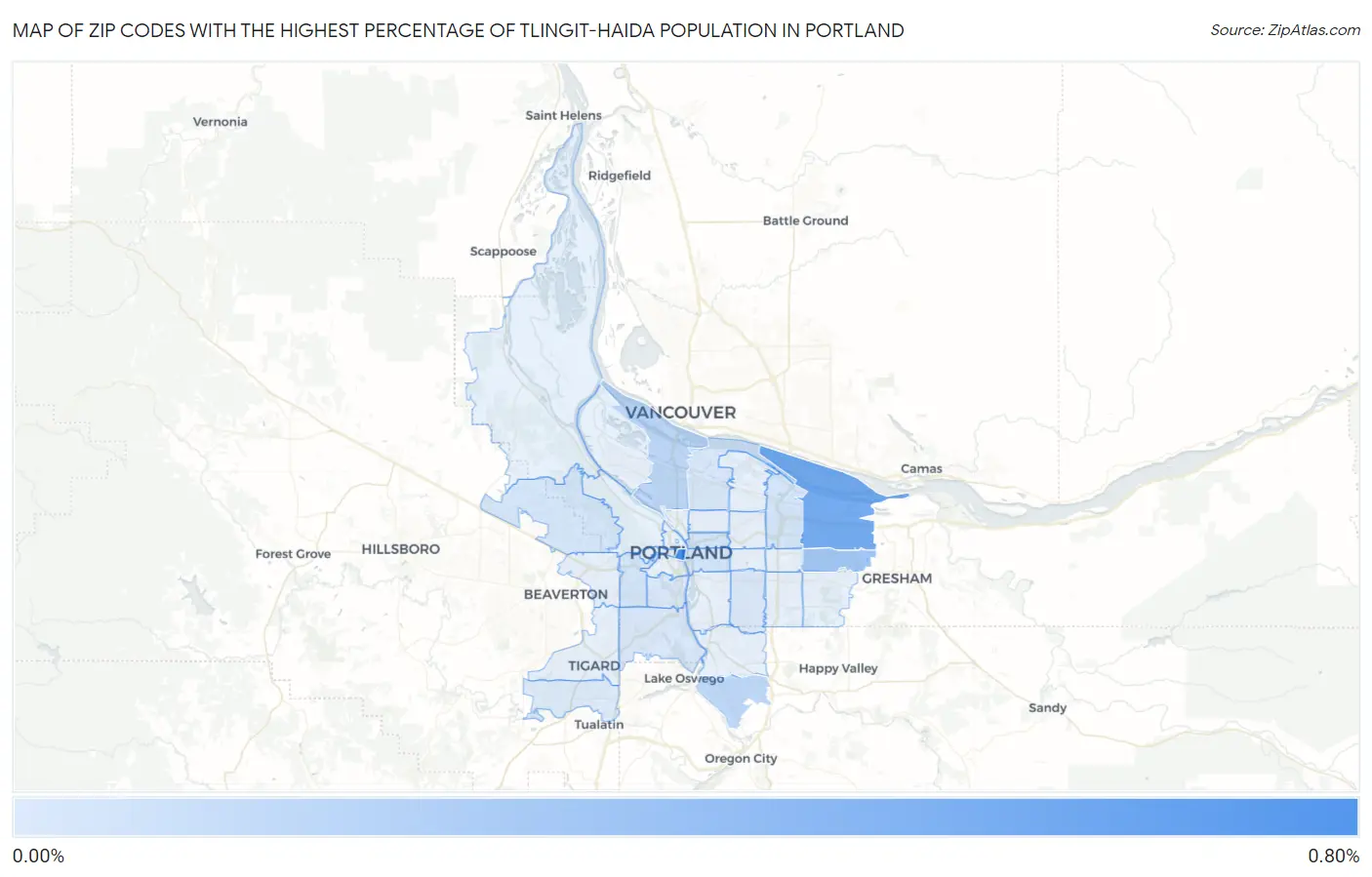 Zip Codes with the Highest Percentage of Tlingit-Haida Population in Portland Map