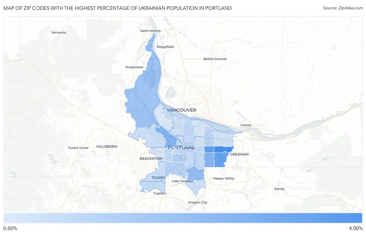 Zip Codes with the Highest Percentage of Ukrainian Population in Portland Map