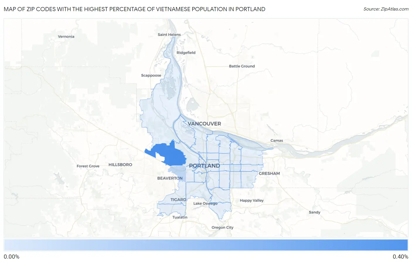 Zip Codes with the Highest Percentage of Vietnamese Population in Portland Map