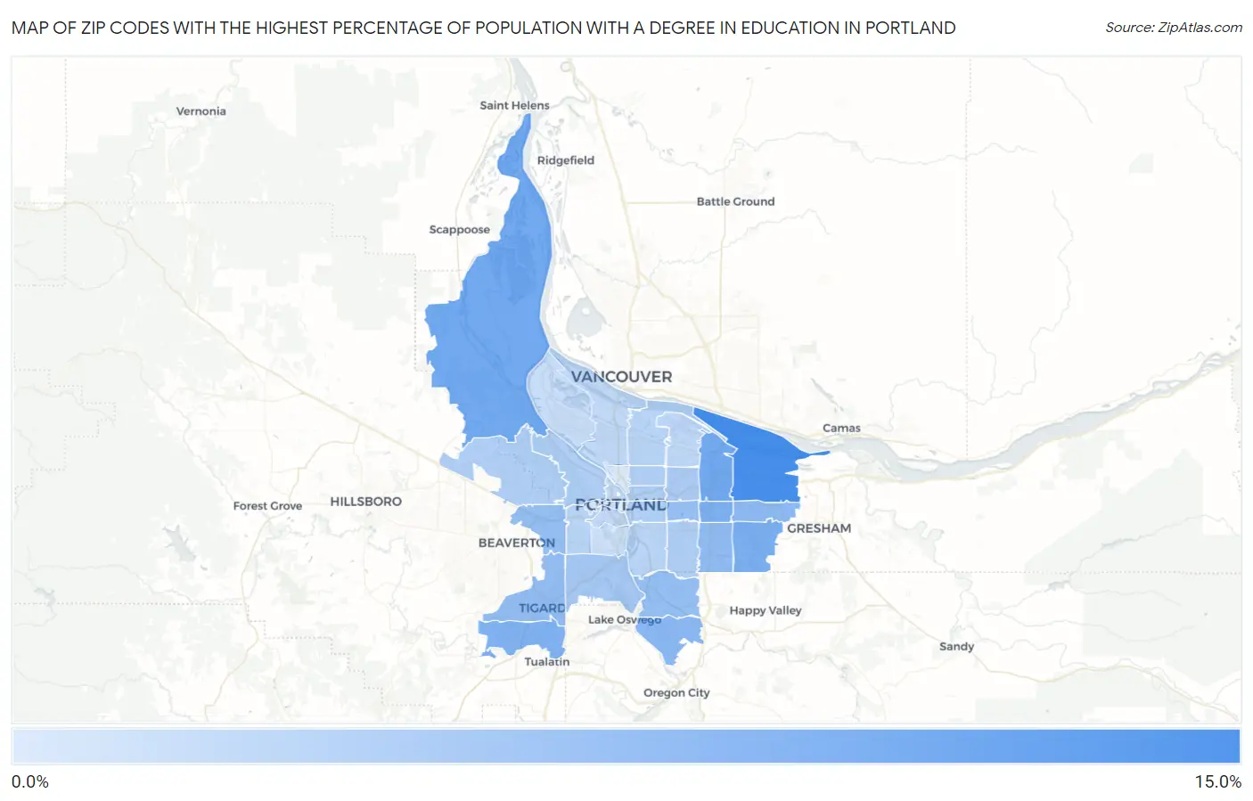 Zip Codes with the Highest Percentage of Population with a Degree in Education in Portland Map