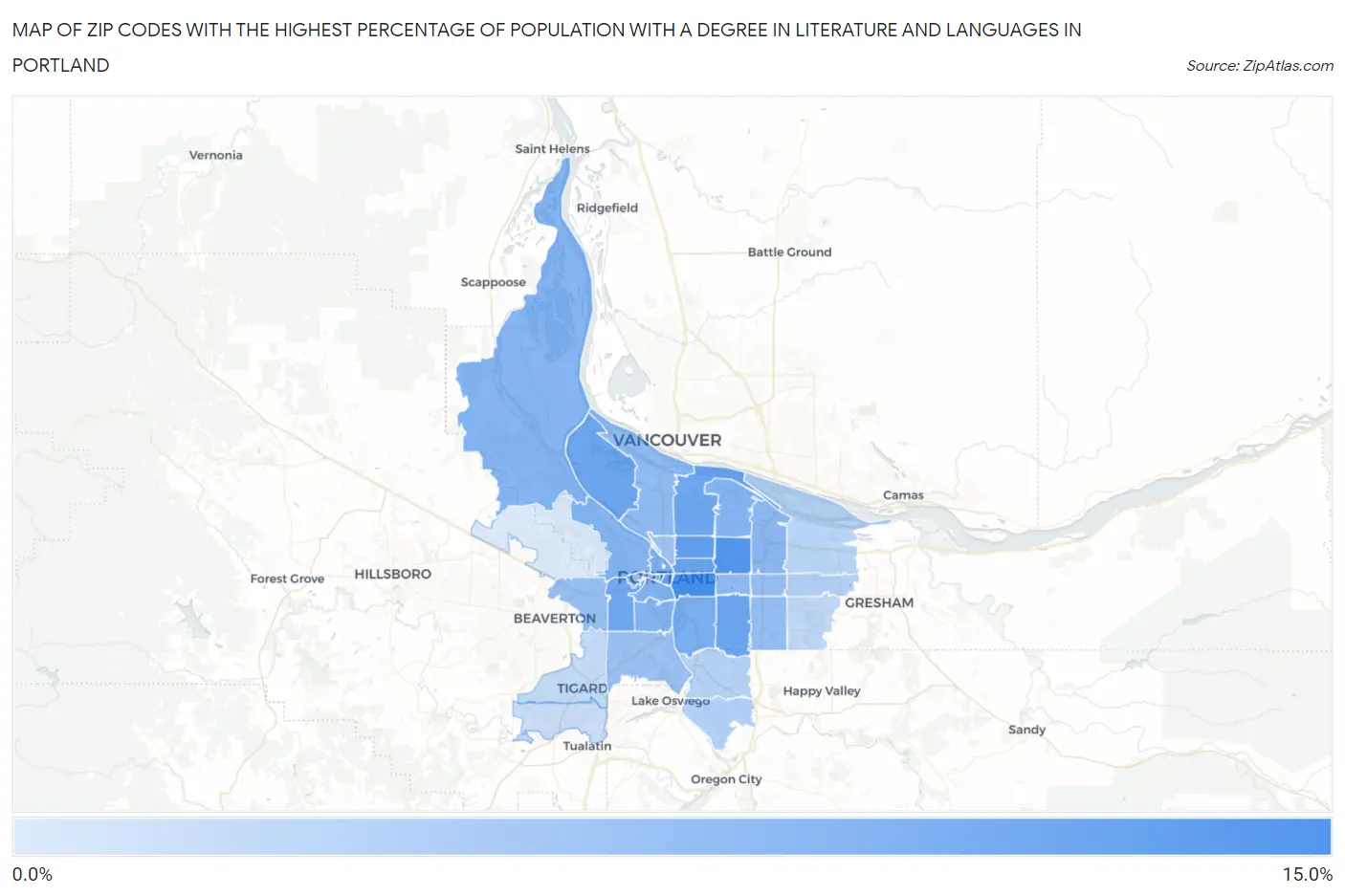 Zip Codes with the Highest Percentage of Population with a Degree in Literature and Languages in Portland Map