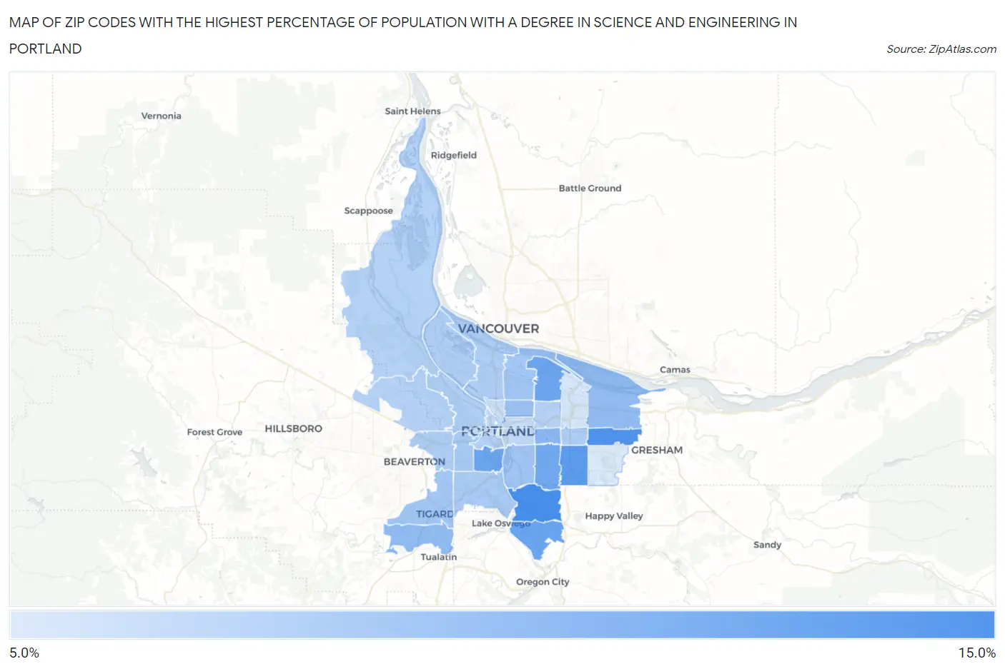 Zip Codes with the Highest Percentage of Population with a Degree in Science and Engineering in Portland Map
