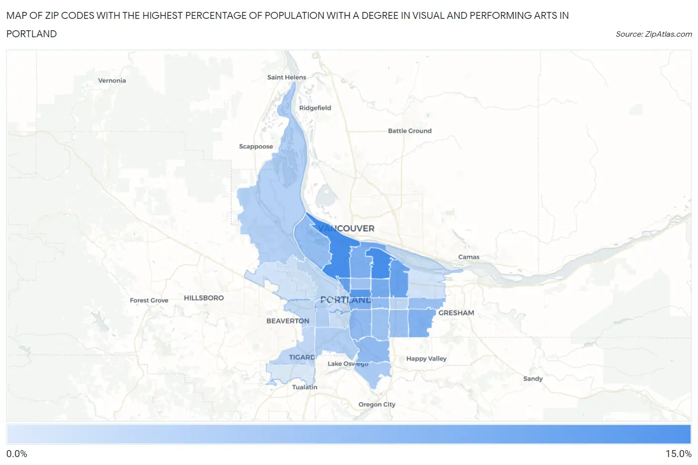 Zip Codes with the Highest Percentage of Population with a Degree in Visual and Performing Arts in Portland Map
