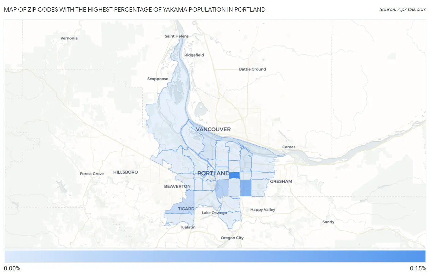 Zip Codes with the Highest Percentage of Yakama Population in Portland Map