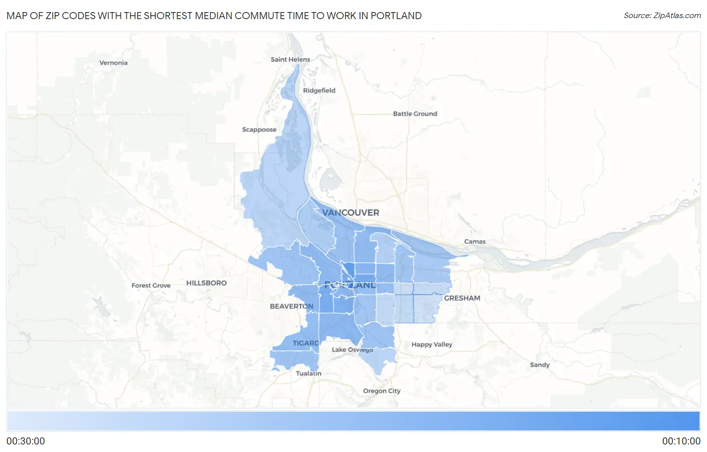 Zip Codes with the Shortest Median Commute Time to Work in Portland Map