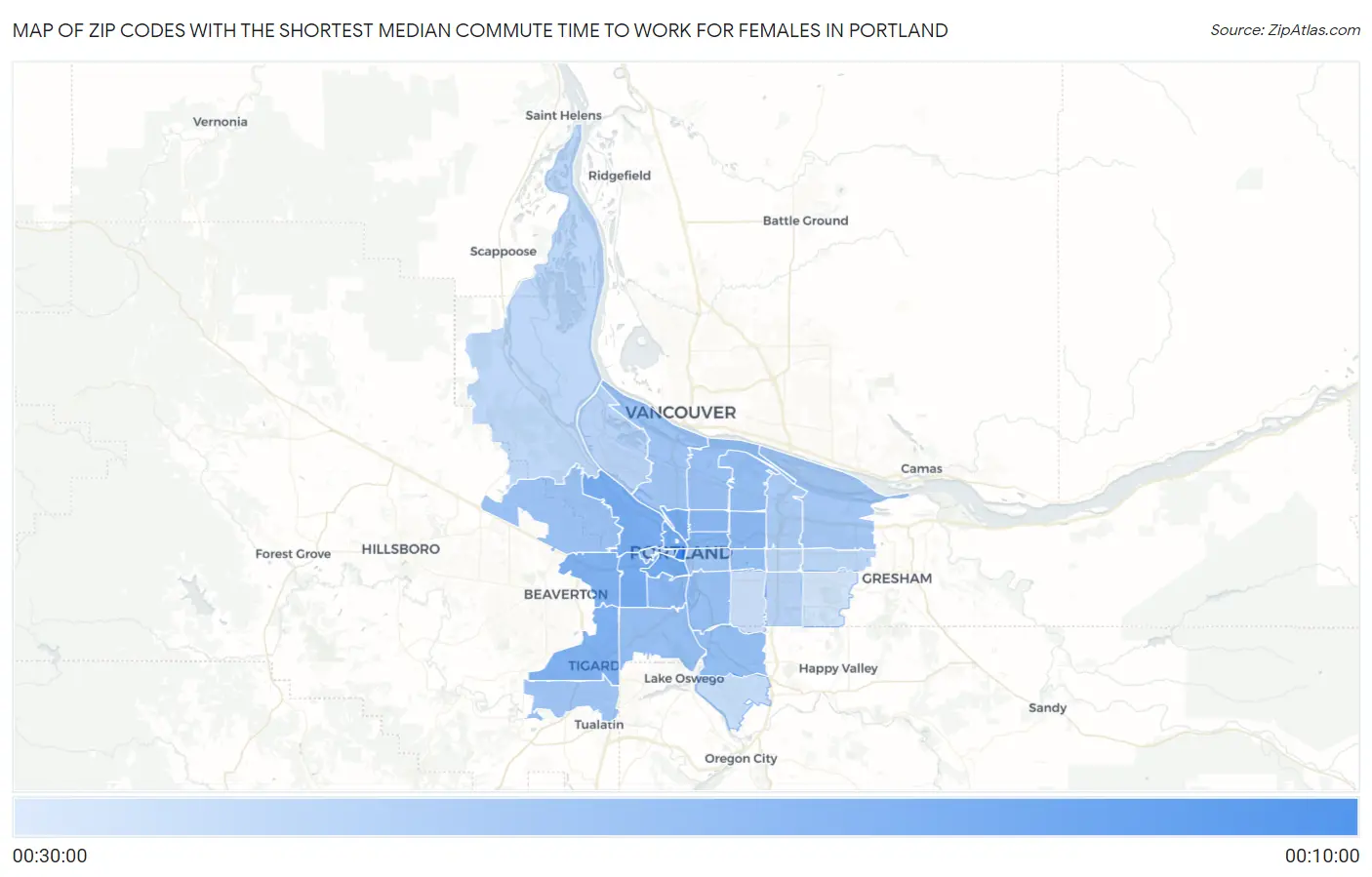 Zip Codes with the Shortest Median Commute Time to Work for Females in Portland Map
