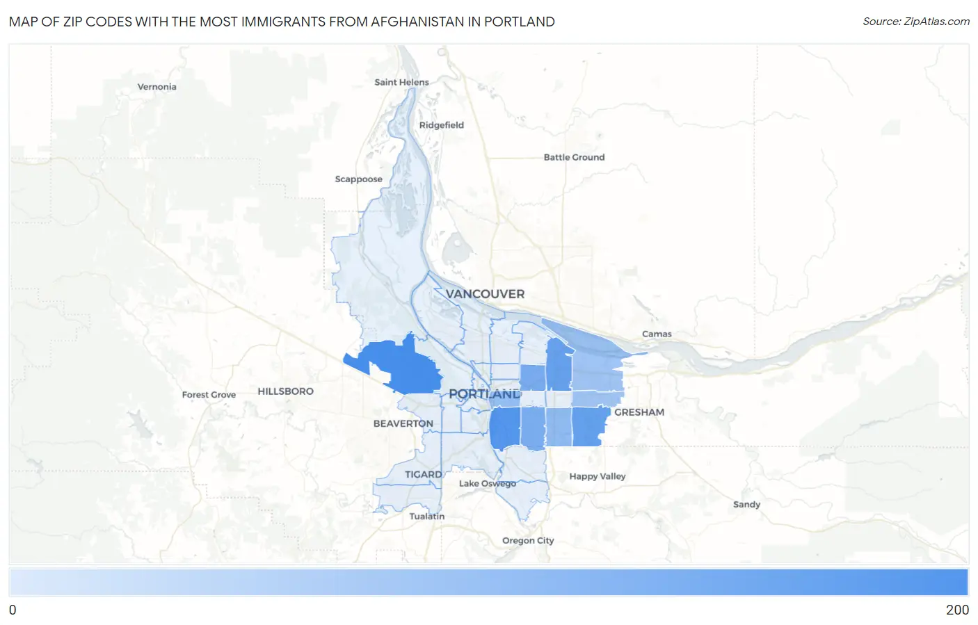 Zip Codes with the Most Immigrants from Afghanistan in Portland Map