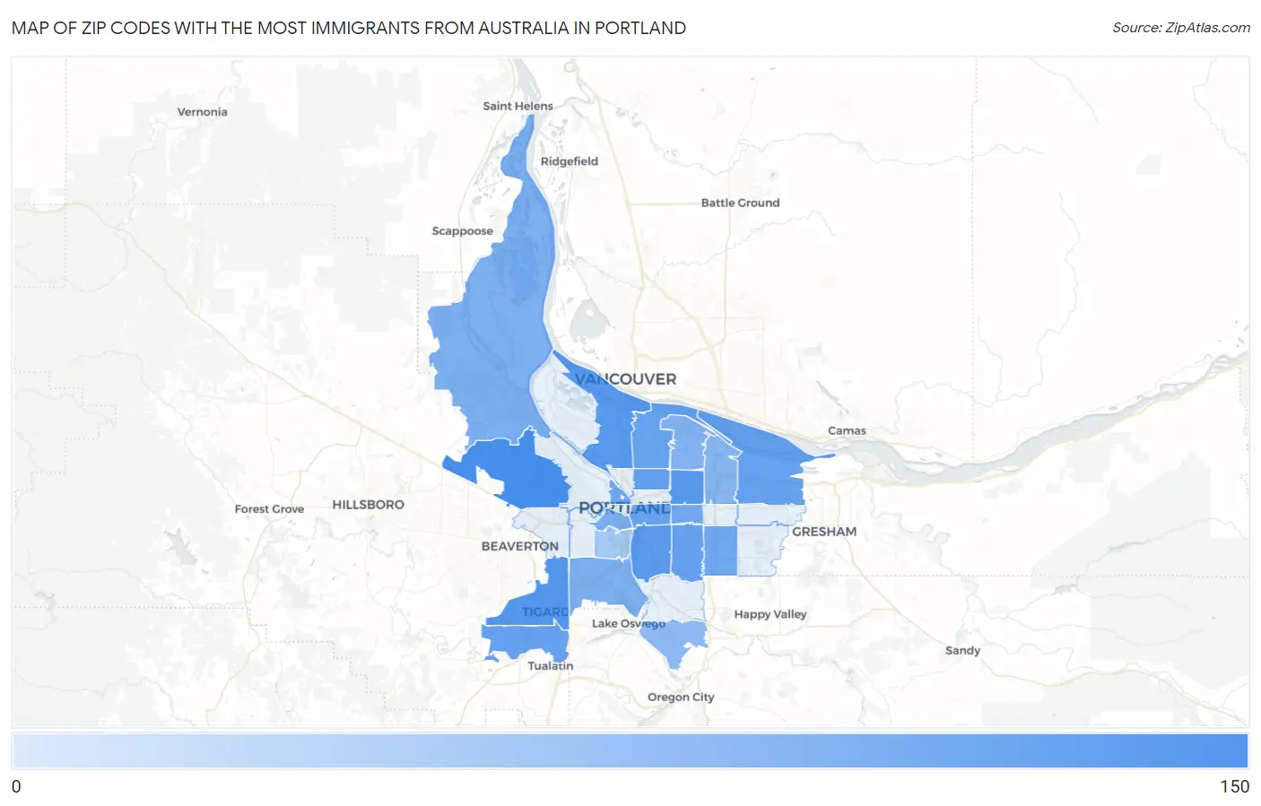 Zip Codes with the Most Immigrants from Australia in Portland Map