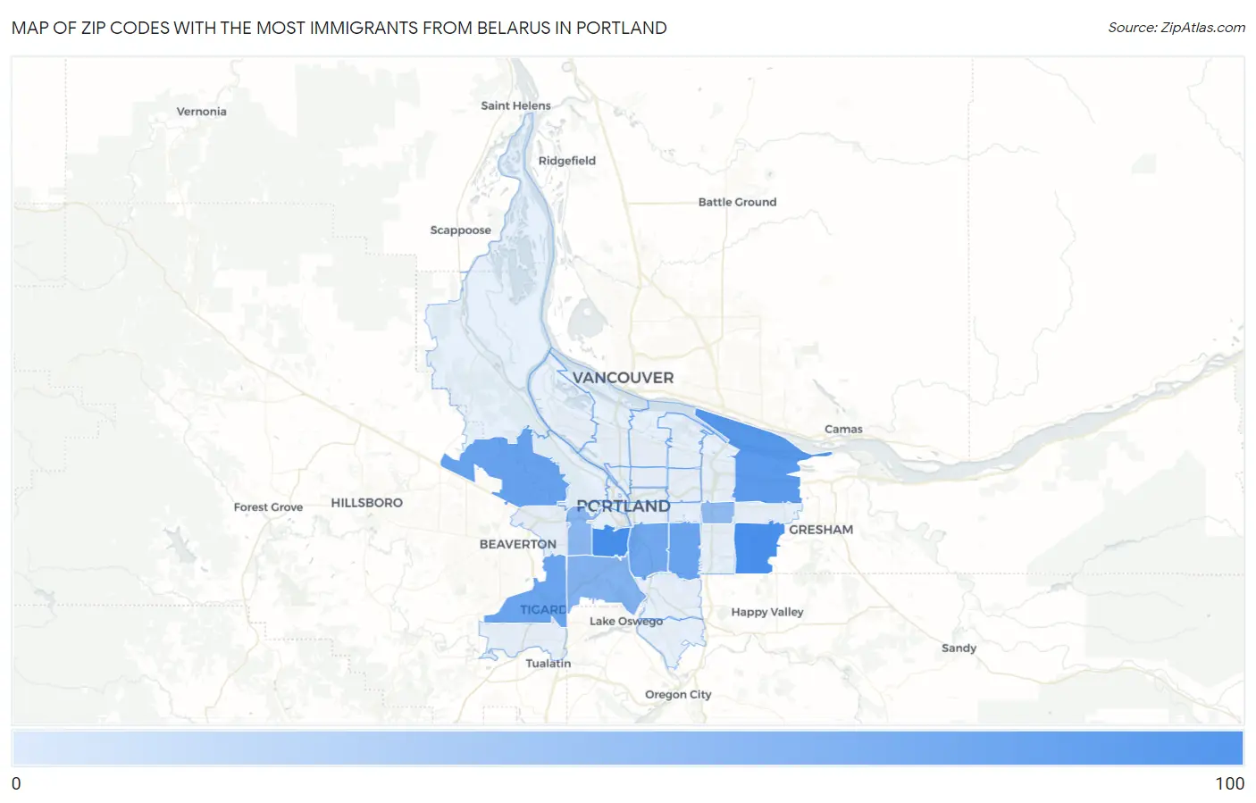 Zip Codes with the Most Immigrants from Belarus in Portland Map