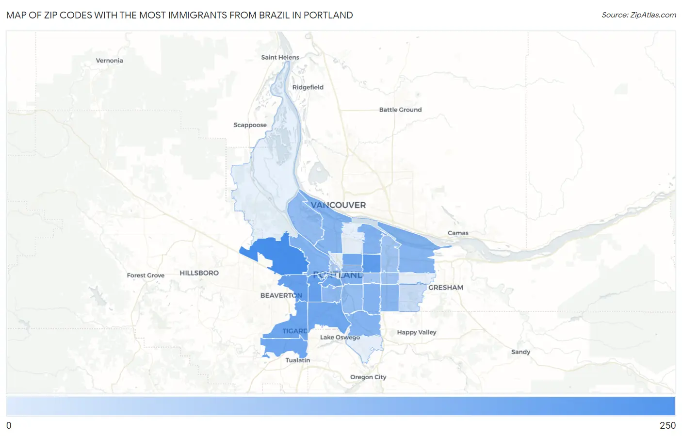 Zip Codes with the Most Immigrants from Brazil in Portland Map