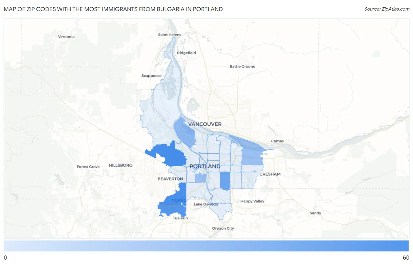 Zip Codes with the Most Immigrants from Bulgaria in Portland Map