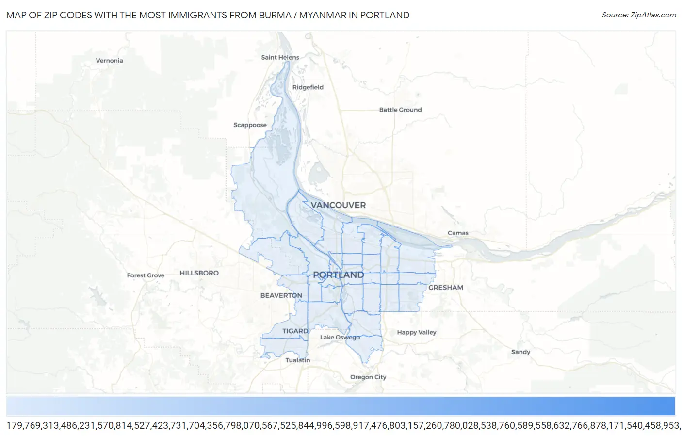 Zip Codes with the Most Immigrants from Burma / Myanmar in Portland Map