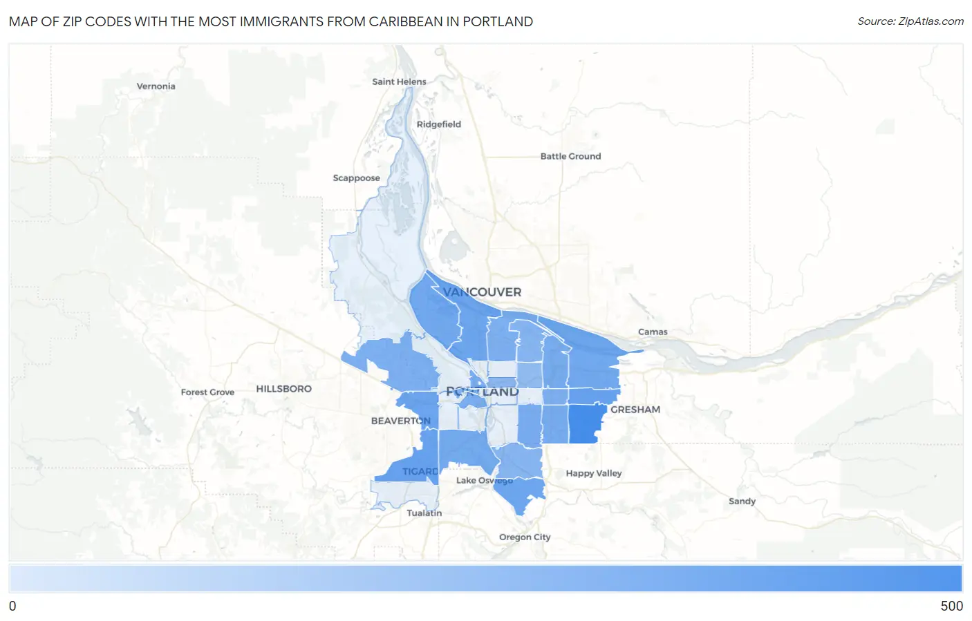Zip Codes with the Most Immigrants from Caribbean in Portland Map