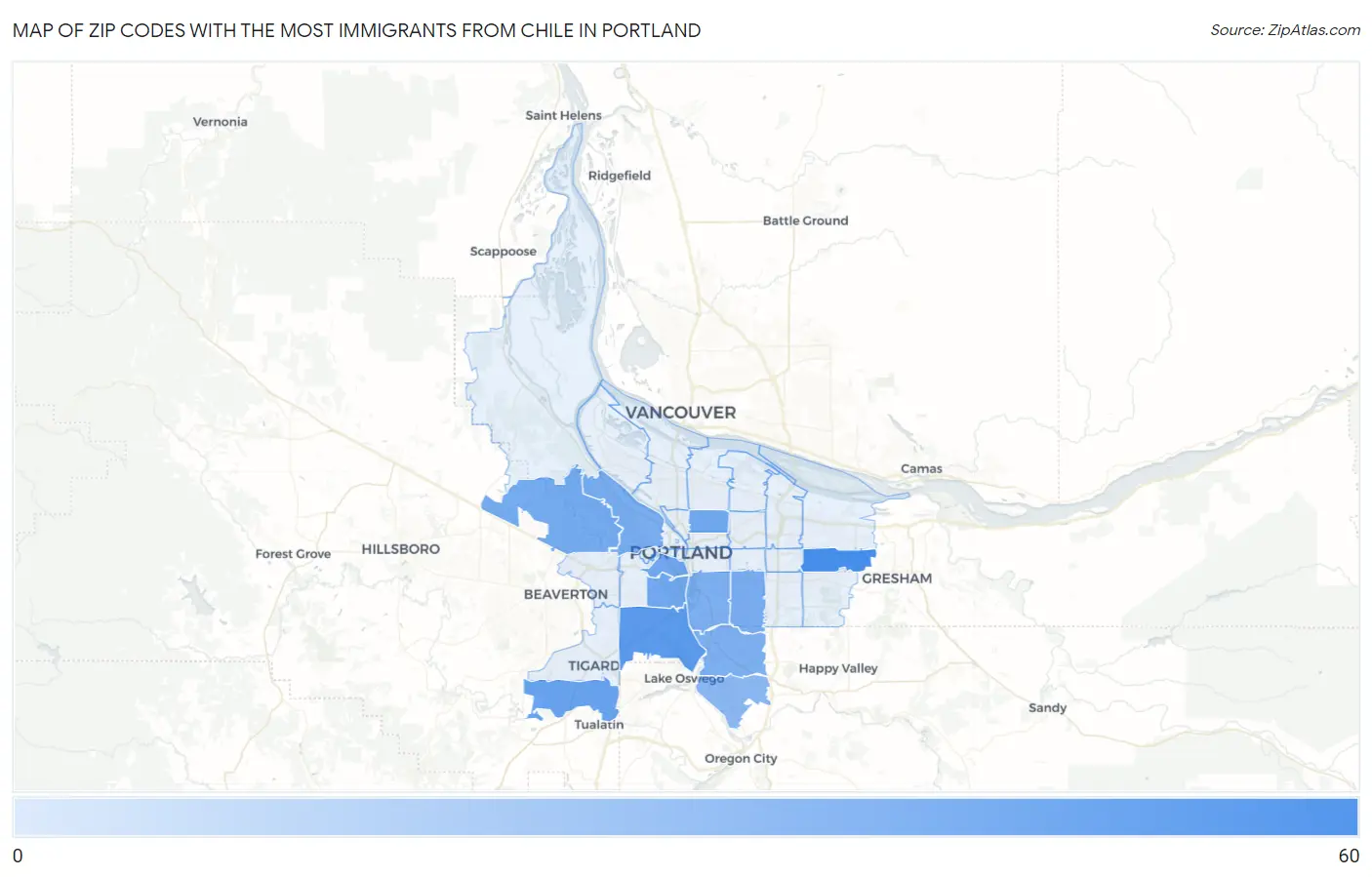 Zip Codes with the Most Immigrants from Chile in Portland Map