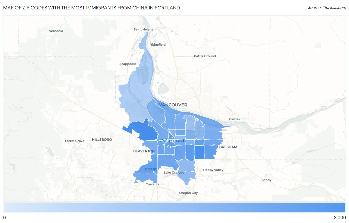 Zip Codes with the Most Immigrants from China in Portland Map
