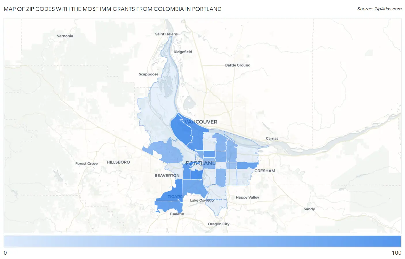Zip Codes with the Most Immigrants from Colombia in Portland Map