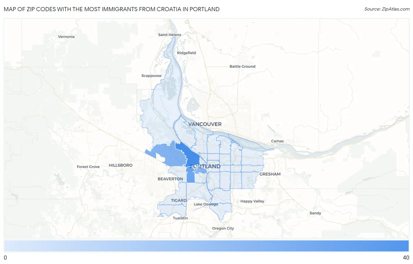 Zip Codes with the Most Immigrants from Croatia in Portland Map