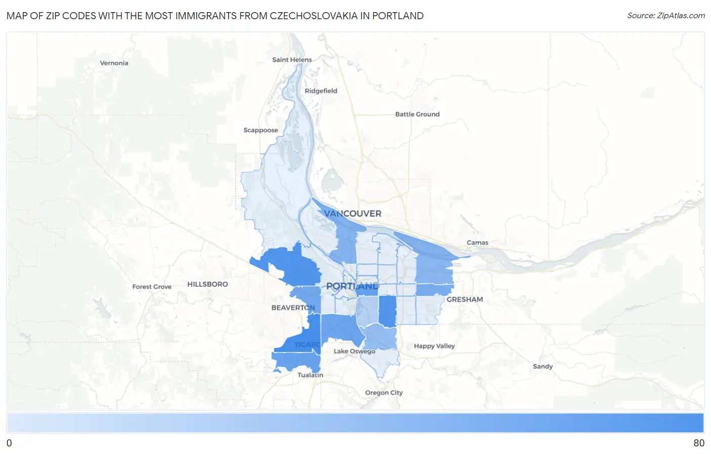 Zip Codes with the Most Immigrants from Czechoslovakia in Portland Map
