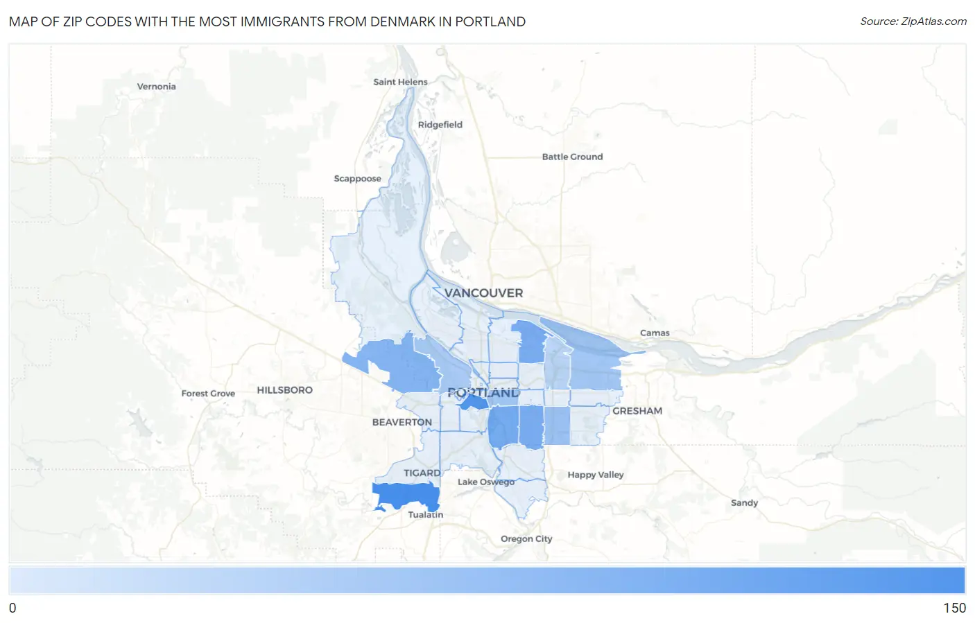 Zip Codes with the Most Immigrants from Denmark in Portland Map