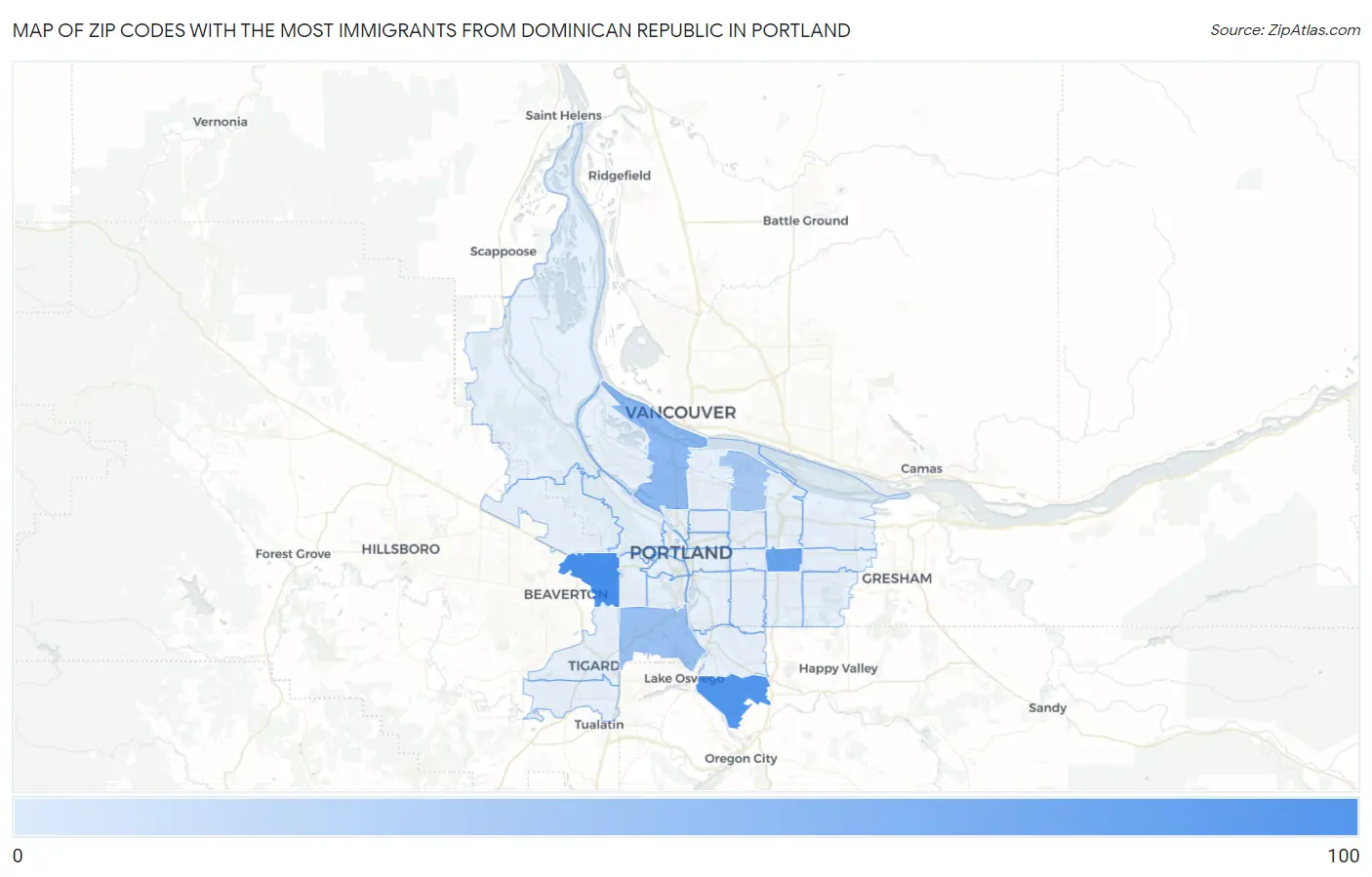 Zip Codes with the Most Immigrants from Dominican Republic in Portland Map