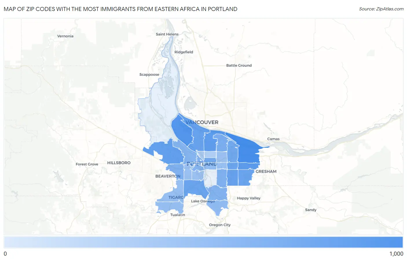 Zip Codes with the Most Immigrants from Eastern Africa in Portland Map