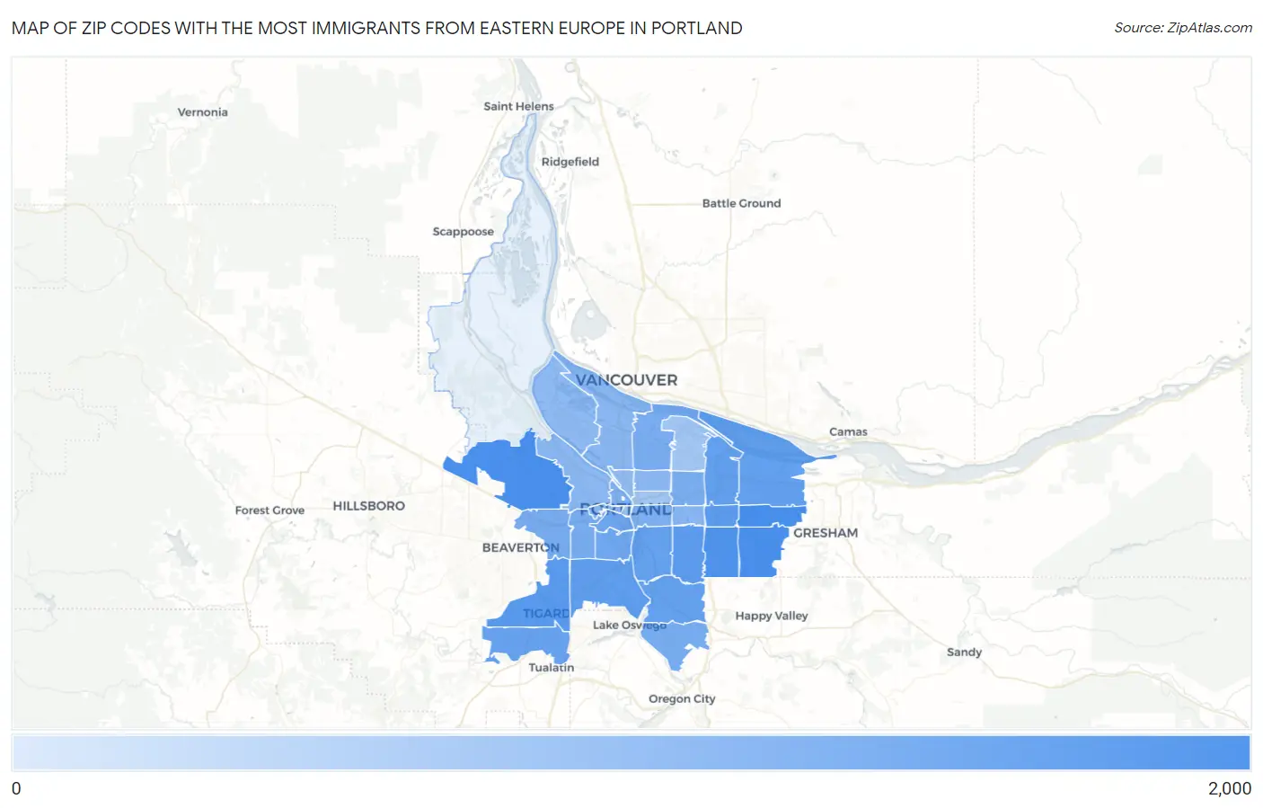 Zip Codes with the Most Immigrants from Eastern Europe in Portland Map