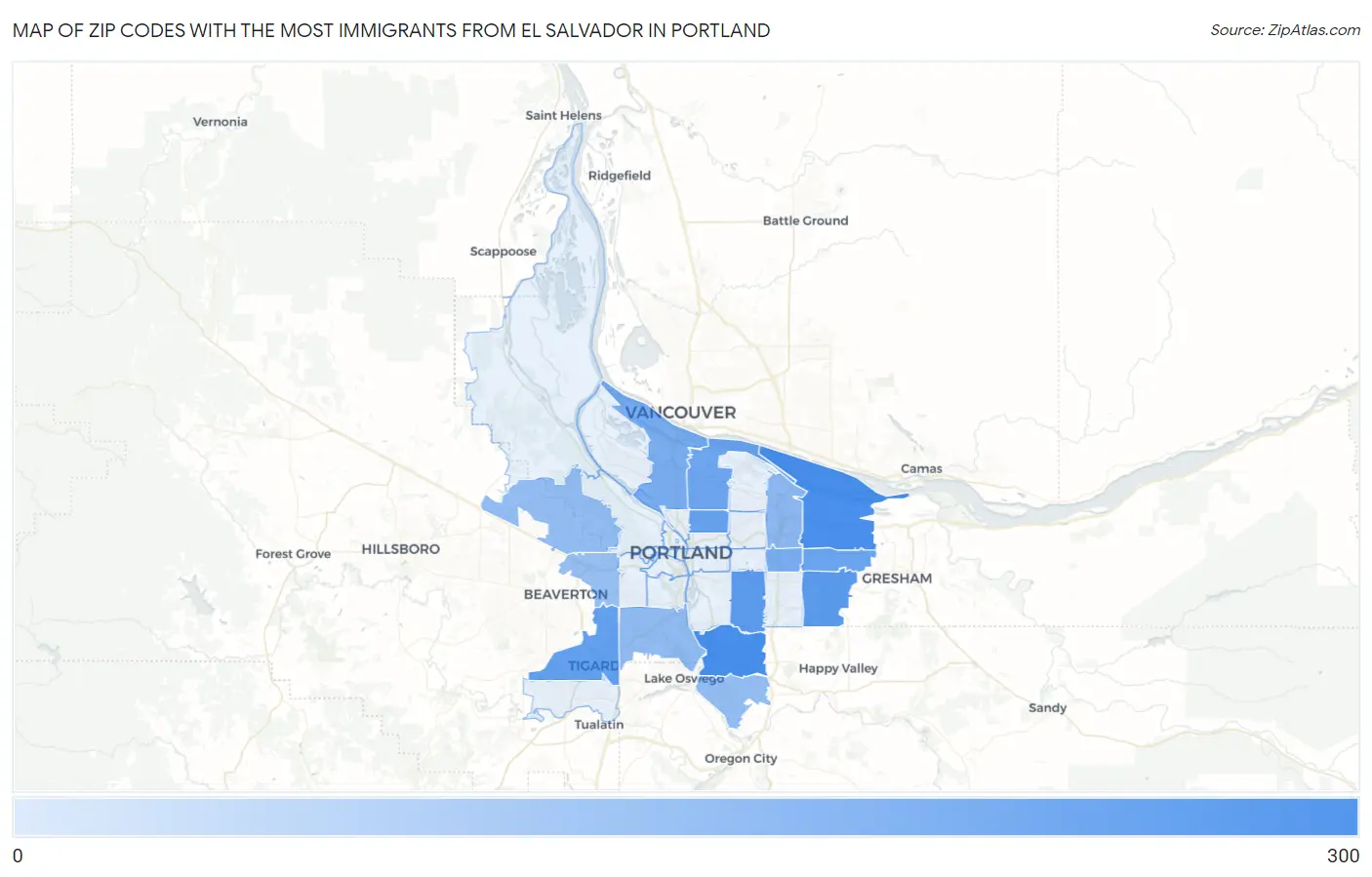 Zip Codes with the Most Immigrants from El Salvador in Portland Map